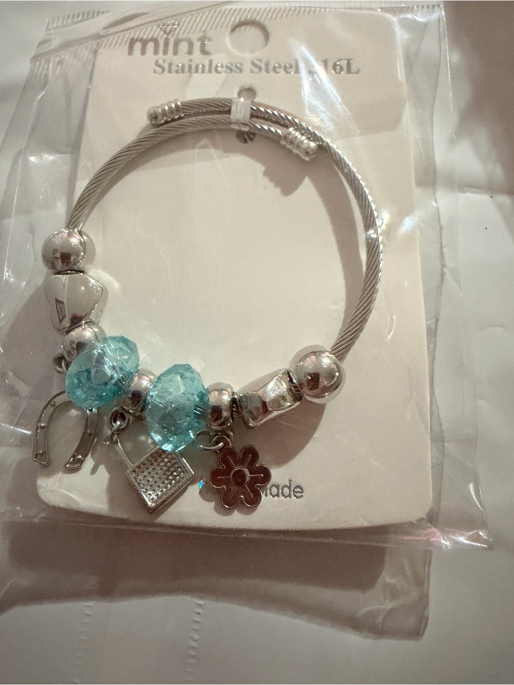 Mint Stainless Steel Bracelet with Aqua Blue Faceted Beads and Silver Charms